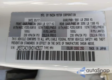 2017 Mazda Cx-9 Touring z USA, uszkodzony, nr VIN JM3TCACY8H0140537